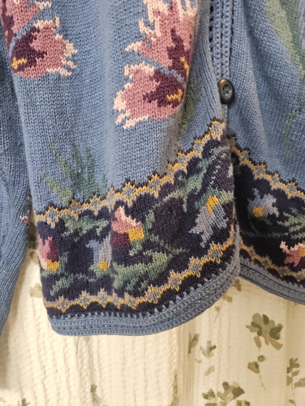 Coldwater Creek Vintage Blue Floral Knit Cardigan Sweater Medium Cottagecore - Picture 3 of 16